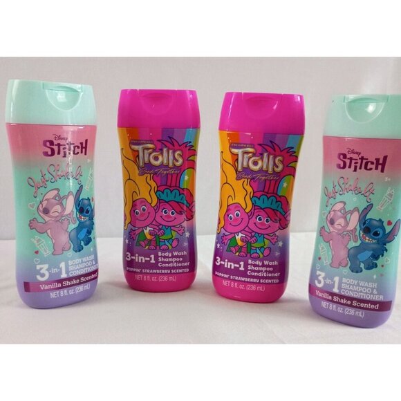 Disney Stitch & Trolls 4pc Bath Set Body Wash Shampoo 8oz Each New Sealed - Picture 1 of 7